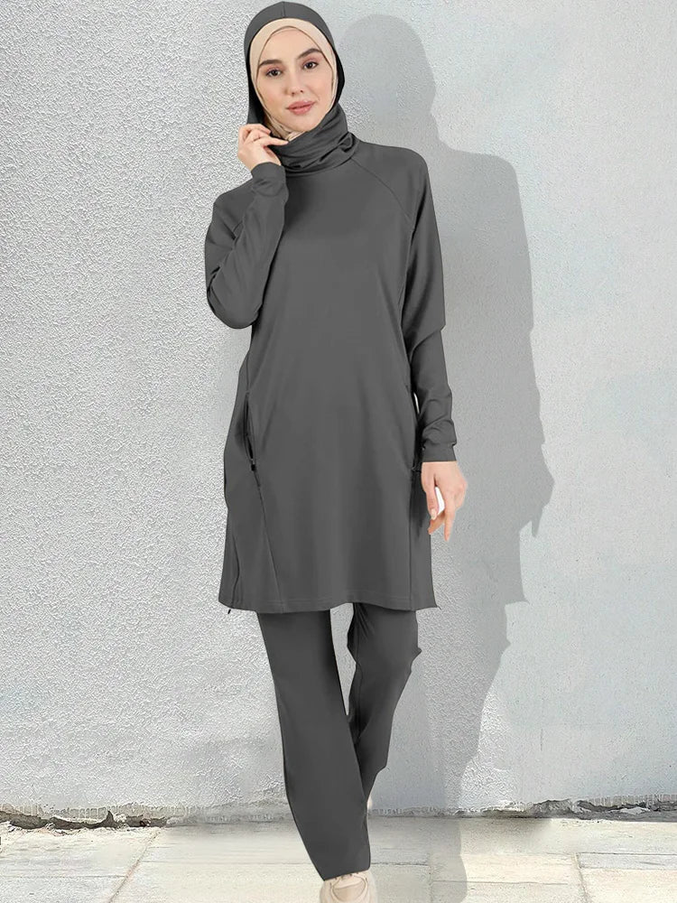 Sporty Muslim Sportswear Women Set Plain Islamic Pants Tops（contain Hijab) - SJB-DIAMOND ELITES