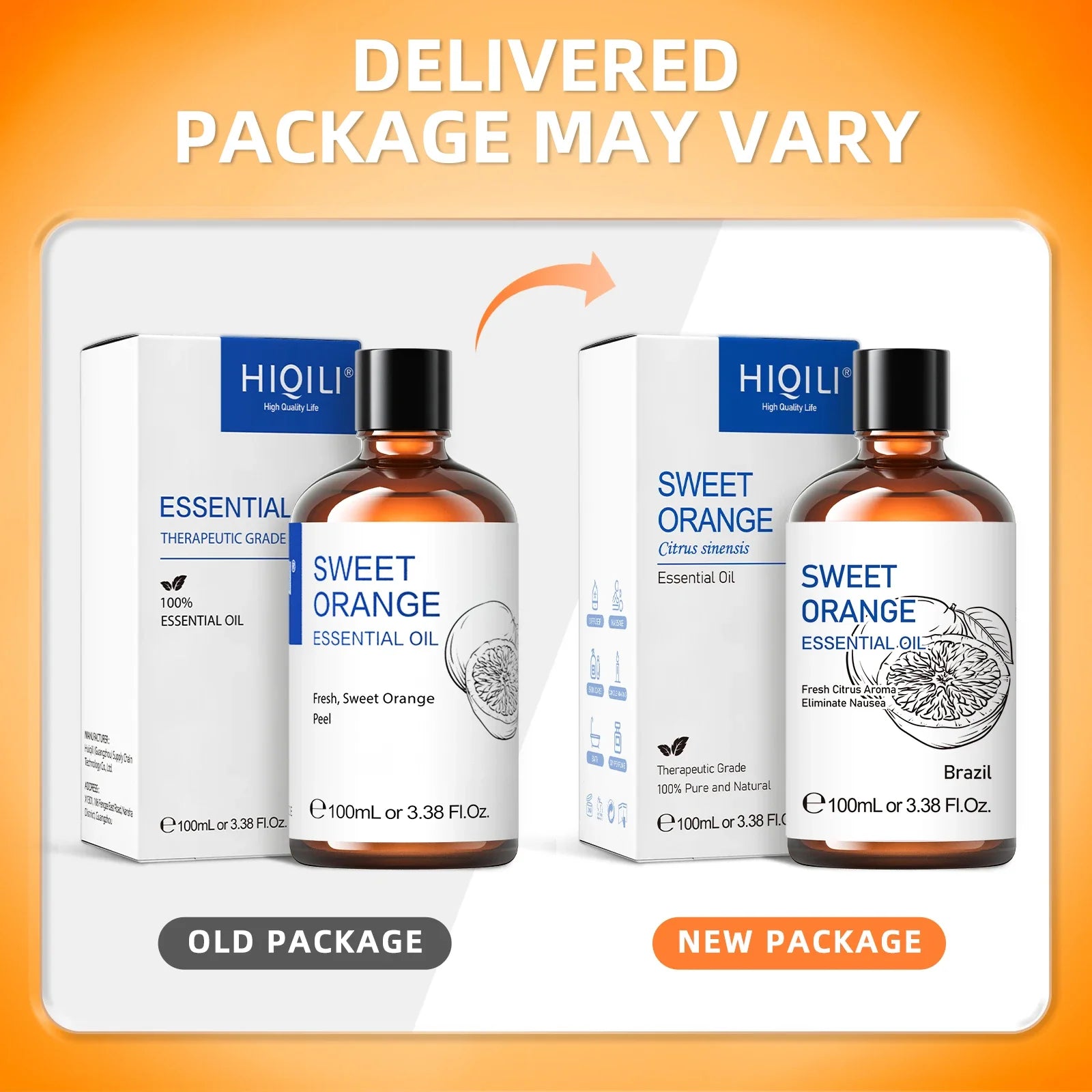 HIQILI 100ML Sweet Orange Essential Oils,100% Pure Nature for Aromatherapy, Diffuser, Humidifier, Massage, Fresh air, Candle Lootquake LLC