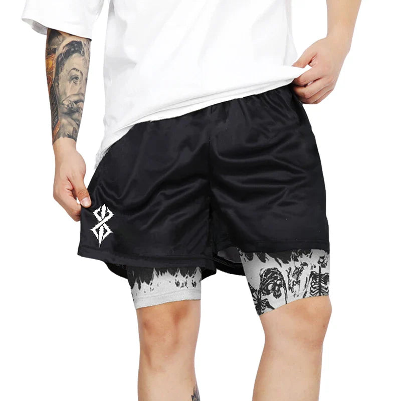 Berserk Skull Print 2 in 1 Running Workout Shorts
