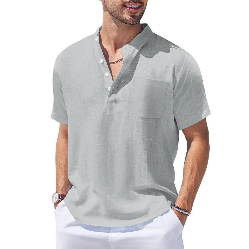 New Mens Henley Short Sleeve Casual Shirt Summer Cotton Shirts Beach Shirts Banded Collar Tshirts lightweight Shirts with Pocket Lootquake LLC