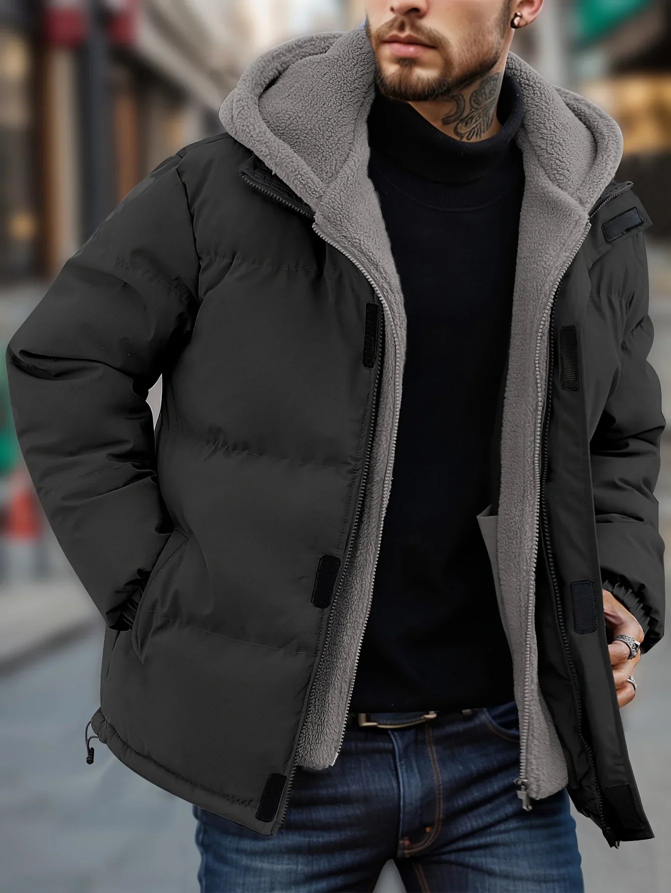 Winter Windproof Men's Faux Jacket Casual Polyester Coat with Detachable Hood Zip-Up Front Long Sleeves & Pockets Winter Clothes Pi-Mart