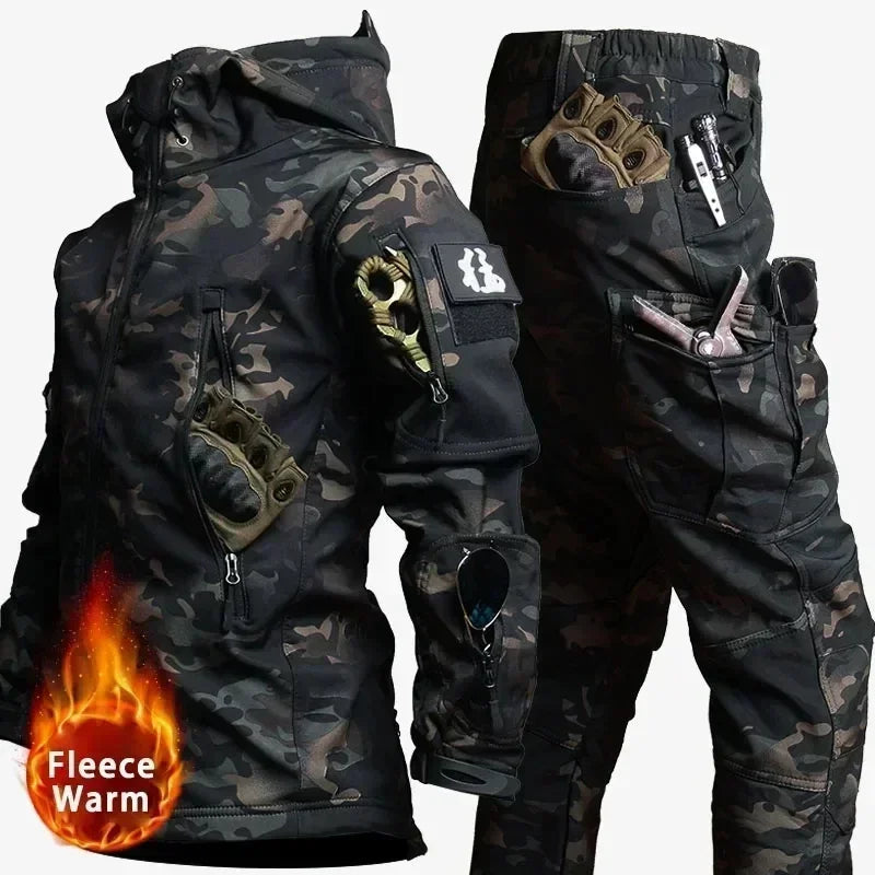 Camo Winter Tactical Sets Men Shark Skin Soft Shell Hooded Jacket+Multi-pocket Straight Cargo Pant 2Pcs Suits Waterproof Set Lootquake LLC