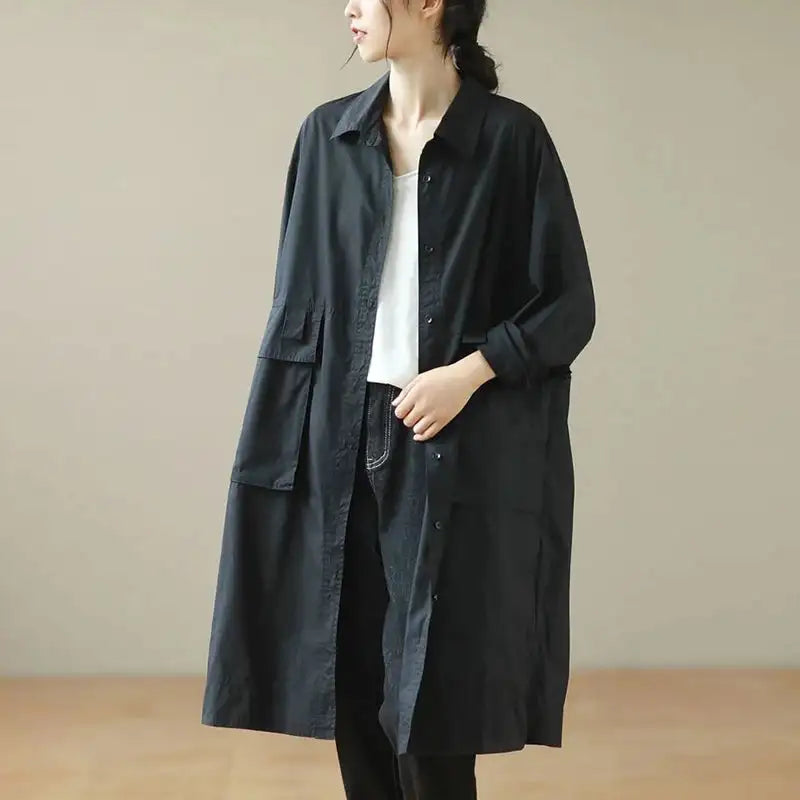 9290 Spring Fall Trench Coat Women Mid Length Windbreaker Single-breasted Double Pockets Casual Loose Overcoat Female Outerwear