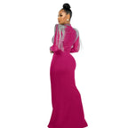 CM.YAYA Women Mesh See Through Long Sleeve Diamonds Hot Rhinestones Mermaid Long Dress Fall Evening Sexy Party Dresses Vestidos