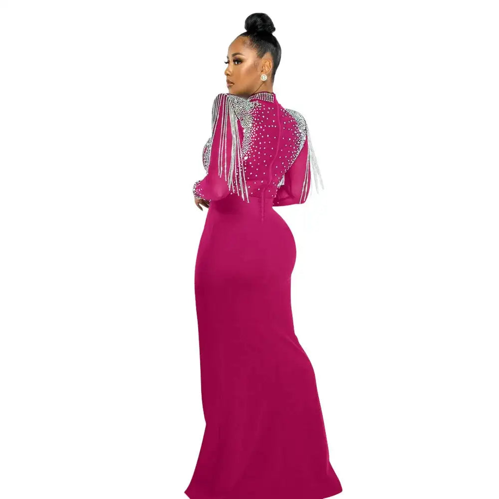 CM.YAYA Women Mesh See Through Long Sleeve Diamonds Hot Rhinestones Mermaid Long Dress Fall Evening Sexy Party Dresses Vestidos
