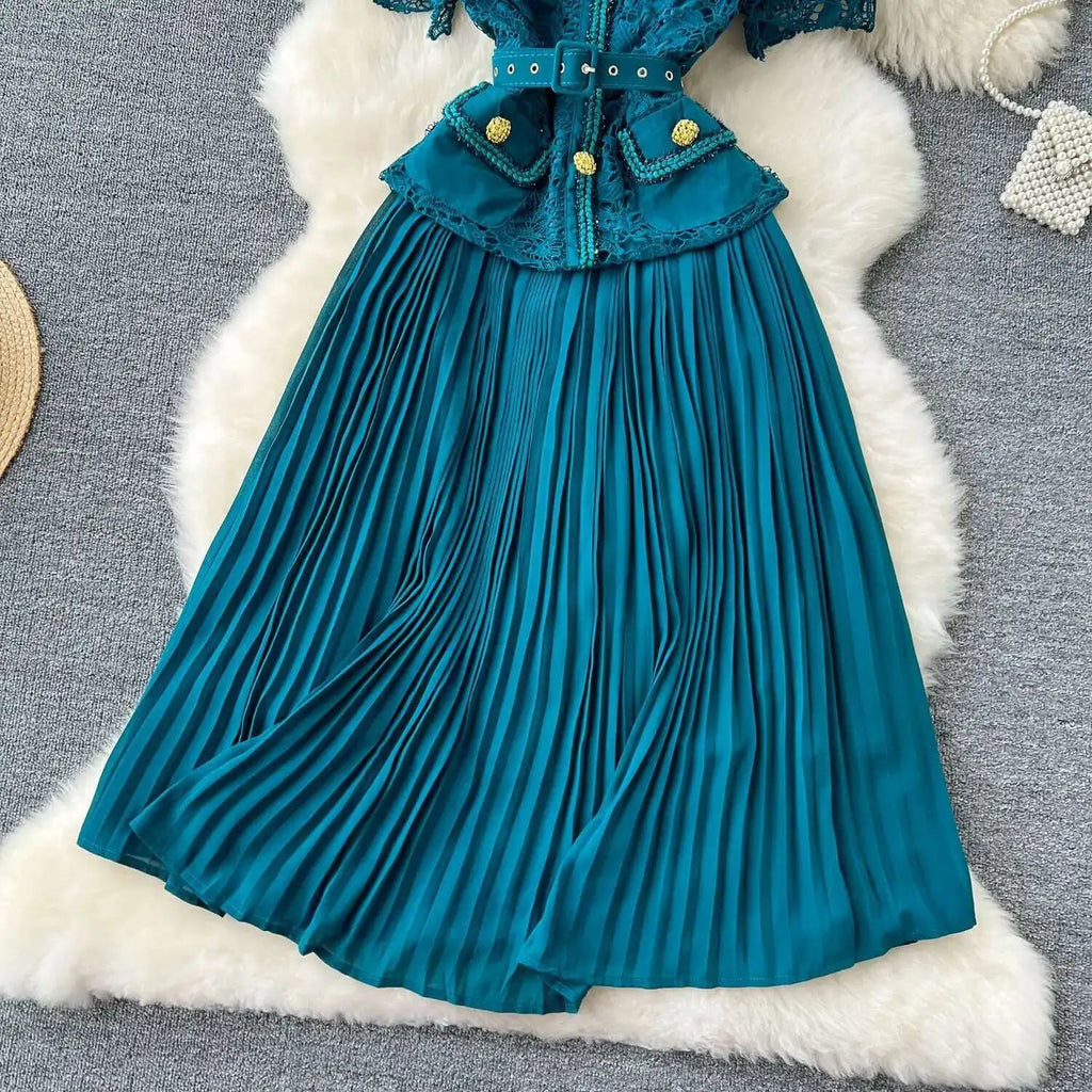 Designer 2025 Summer Pleated Chiffon Lace Long Dress Women Flower Embroidery Gold Button Belt Evening Party Dresses Wedding Robe Lootquake LLC