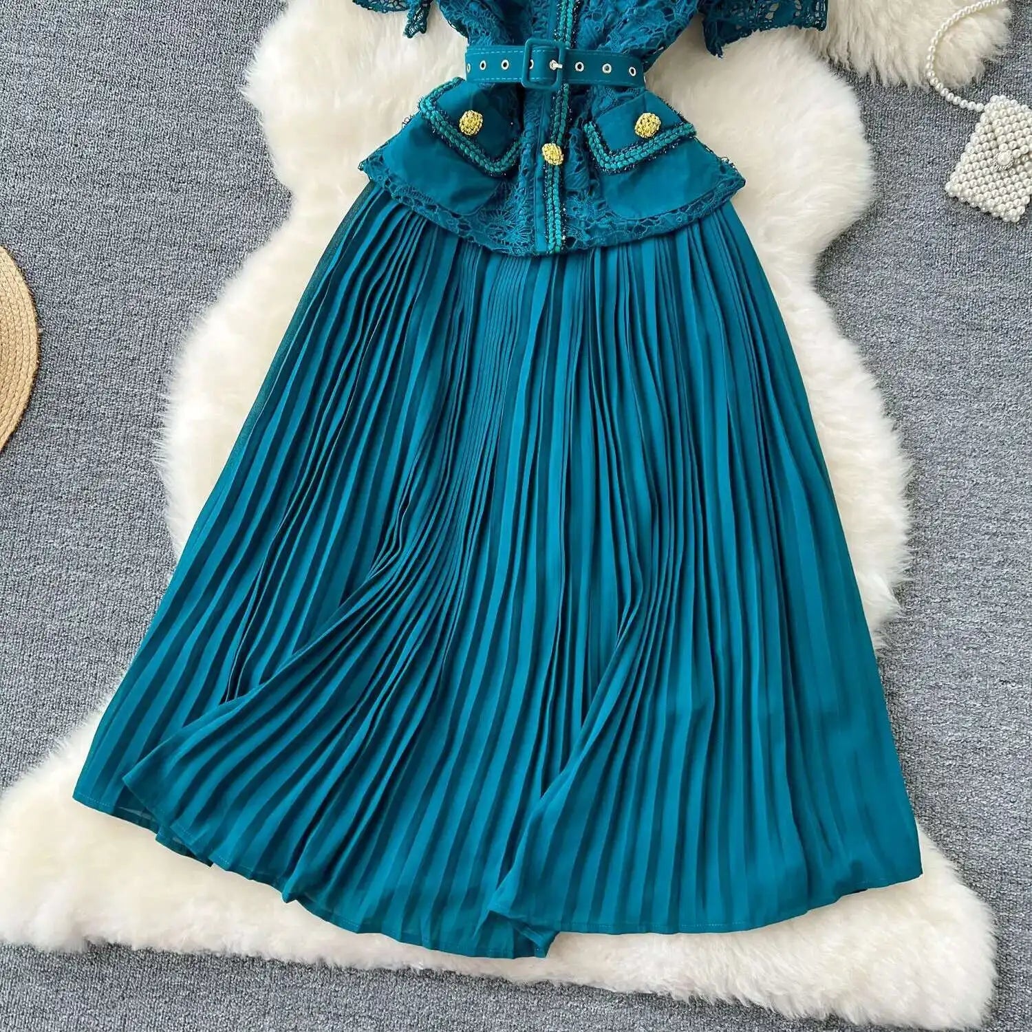 Designer 2025 Summer Pleated Chiffon Lace Long Dress Women Flower Embroidery Gold Button Belt Evening Party Dresses Wedding Robe Lootquake LLC