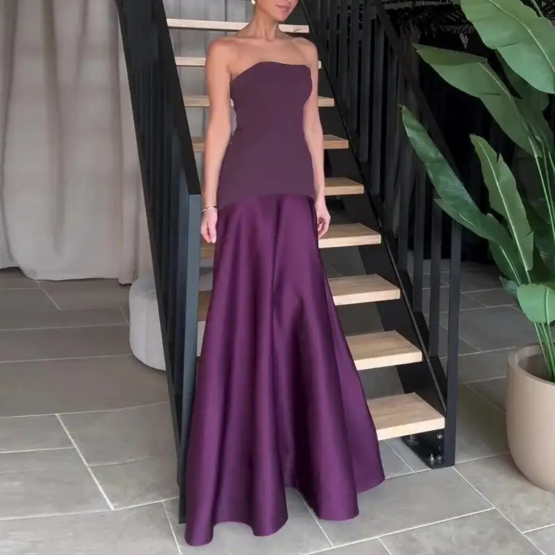 Casual Patchwork Pleated Robe Dresses Ladies Fashion Strapless High Waist Banquet Dress Sexy Hollow Off Shoulder Slim Long Dress