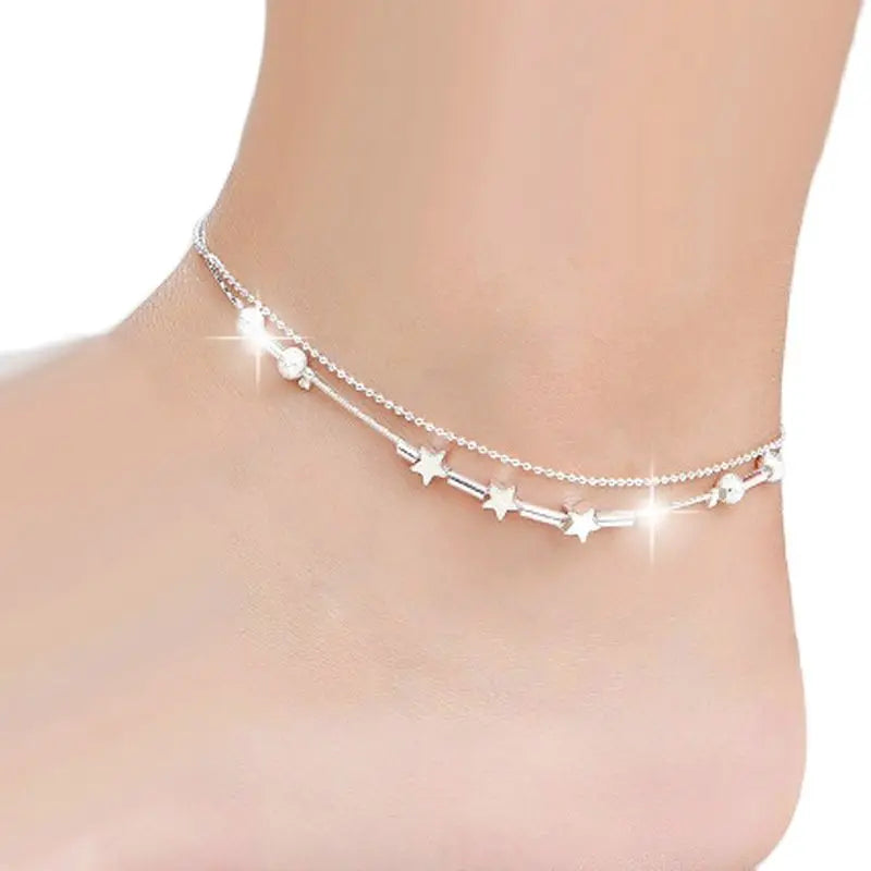 Silver color Stars Anklet Double Layer plated Charms Ankle Bracelet Jewellery Anklets For Women Foot Jewelry Love 2023 new hot Lootquake LLC