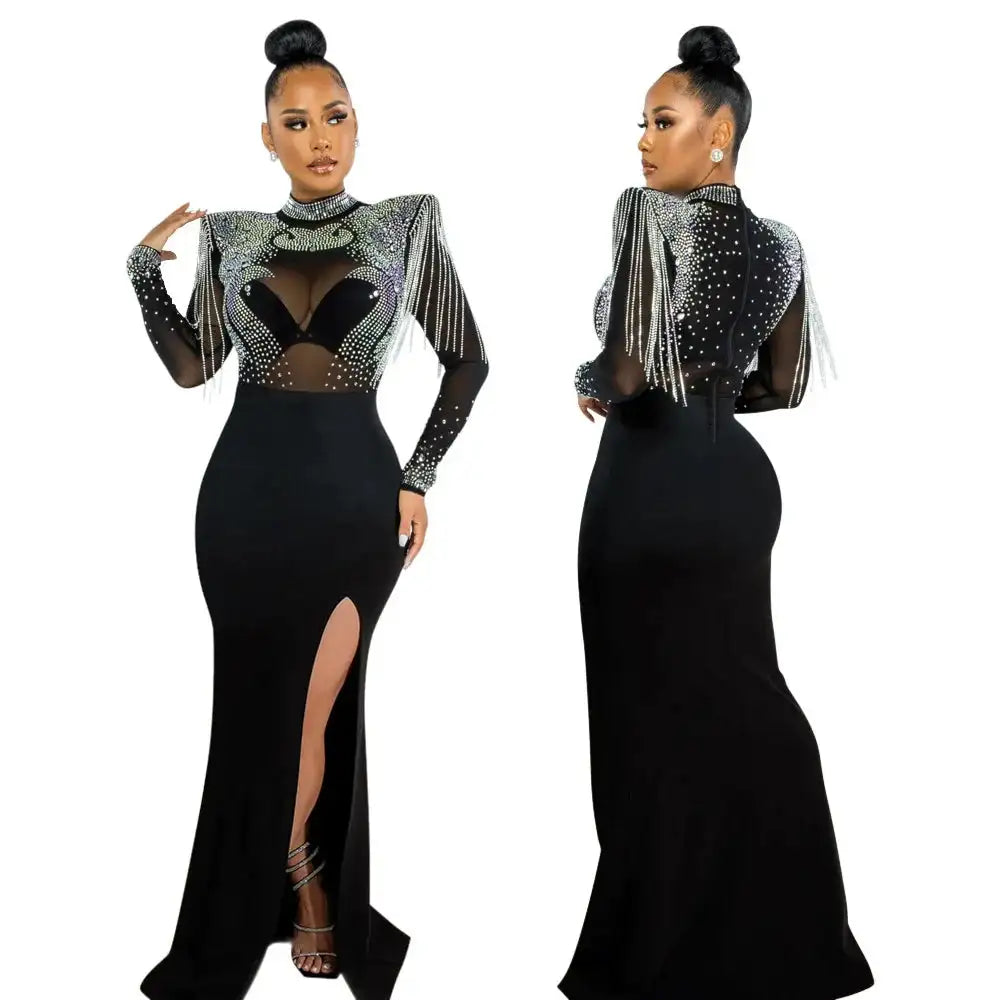 CM.YAYA Women Mesh See Through Long Sleeve Diamonds Hot Rhinestones Mermaid Long Dress Fall Evening Sexy Party Dresses Vestidos