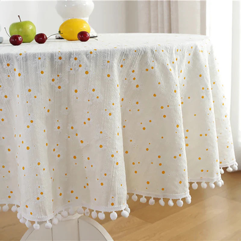 Cotton Table Cloth Round Tablecloth with Tassel Dust-Proof Floret Circular Table Cover for Kitchen Dinning Room Tabletop Decor Lootquake LLC