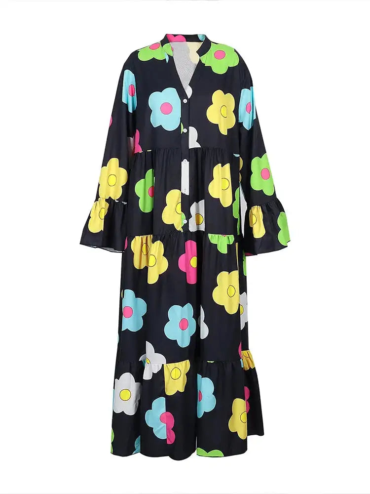 Plus Size New for Summer 2024 Women's Long Sleeve Floral Dress V-Neck Button Long Dress Long Sleeve Button Down Dress