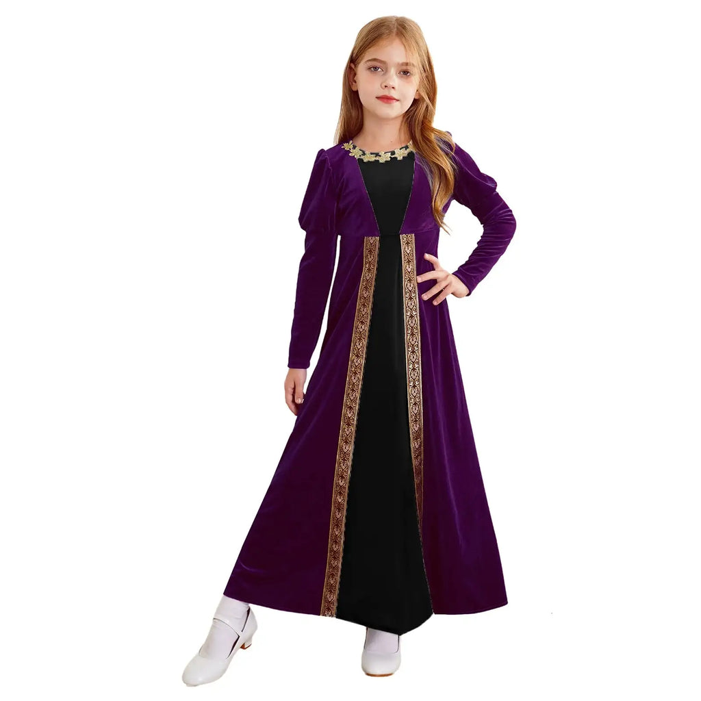 Girls Velvet Medieval Princess Dress Long Sleeve Renaissance Retro Robe Ancient Roman Long Dress for Halloween Carnival Party