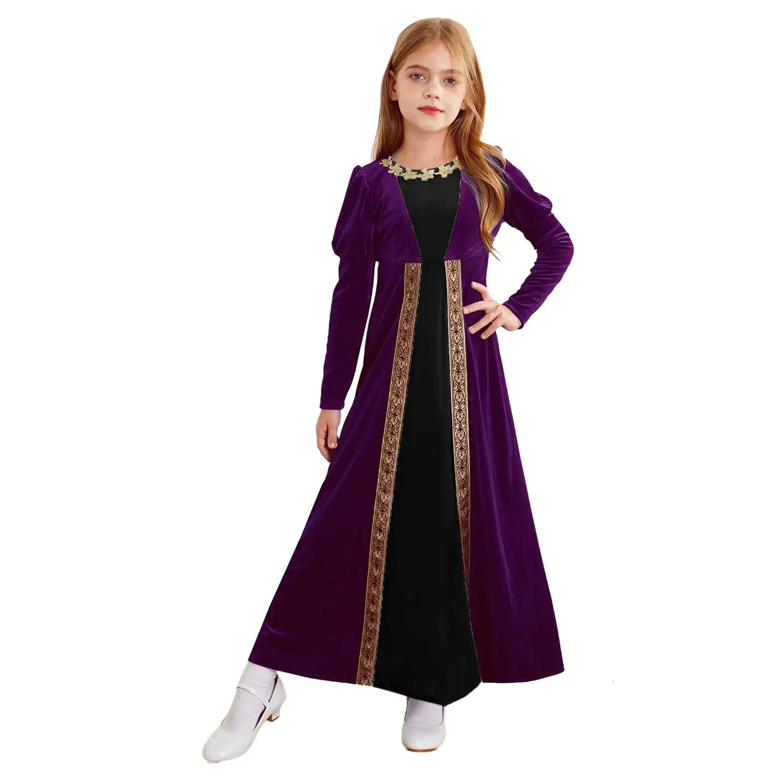 Girls Velvet Medieval Princess Dress Long Sleeve Renaissance Retro Robe Ancient Roman Long Dress for Halloween Carnival Party