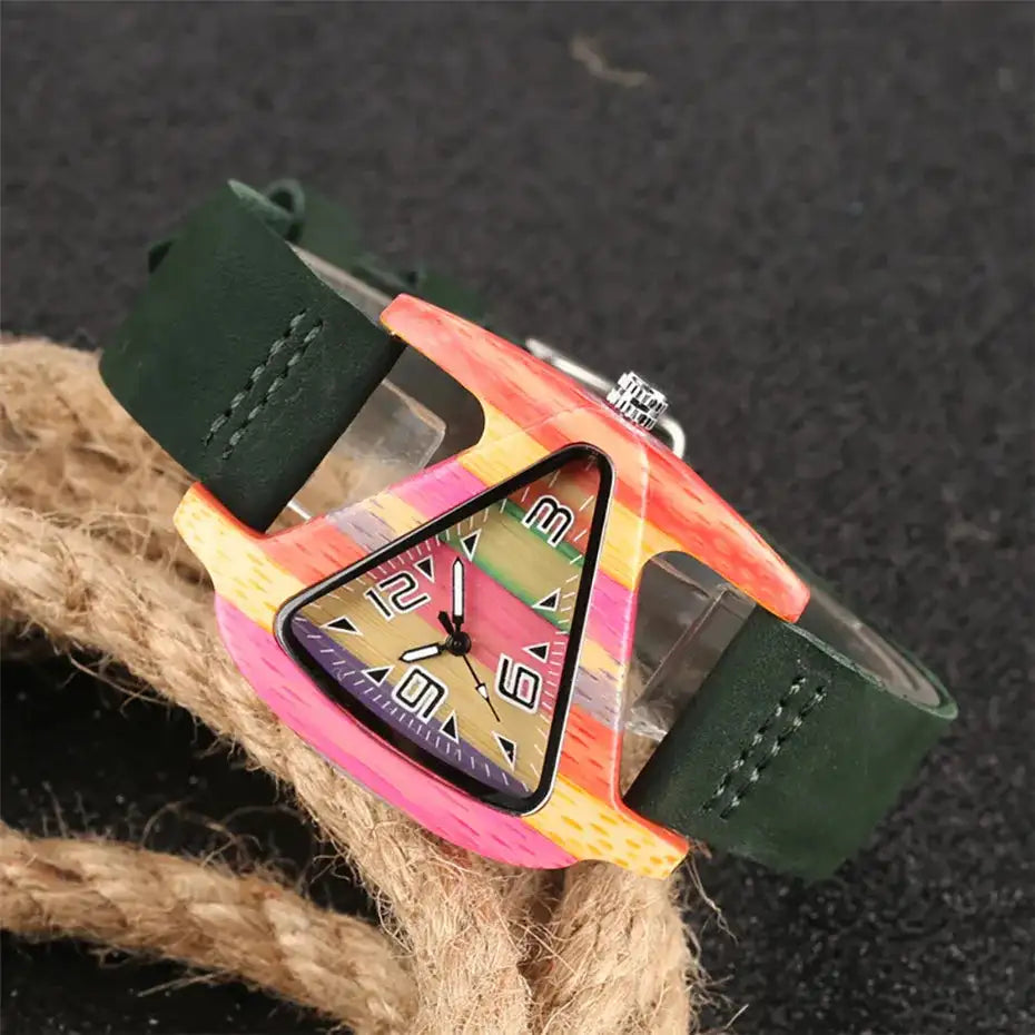 Unique Triangle Women's Wood Watch Creative Colorful Lady Green/ Red Genuine Leather Wristwatch Elegant Womens Watches Top Gifts