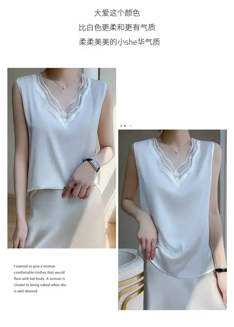new woman clothing vest camis Tank top women's suit bottom lace lining 2024 summer new silk satin sleeveless top suspender vests