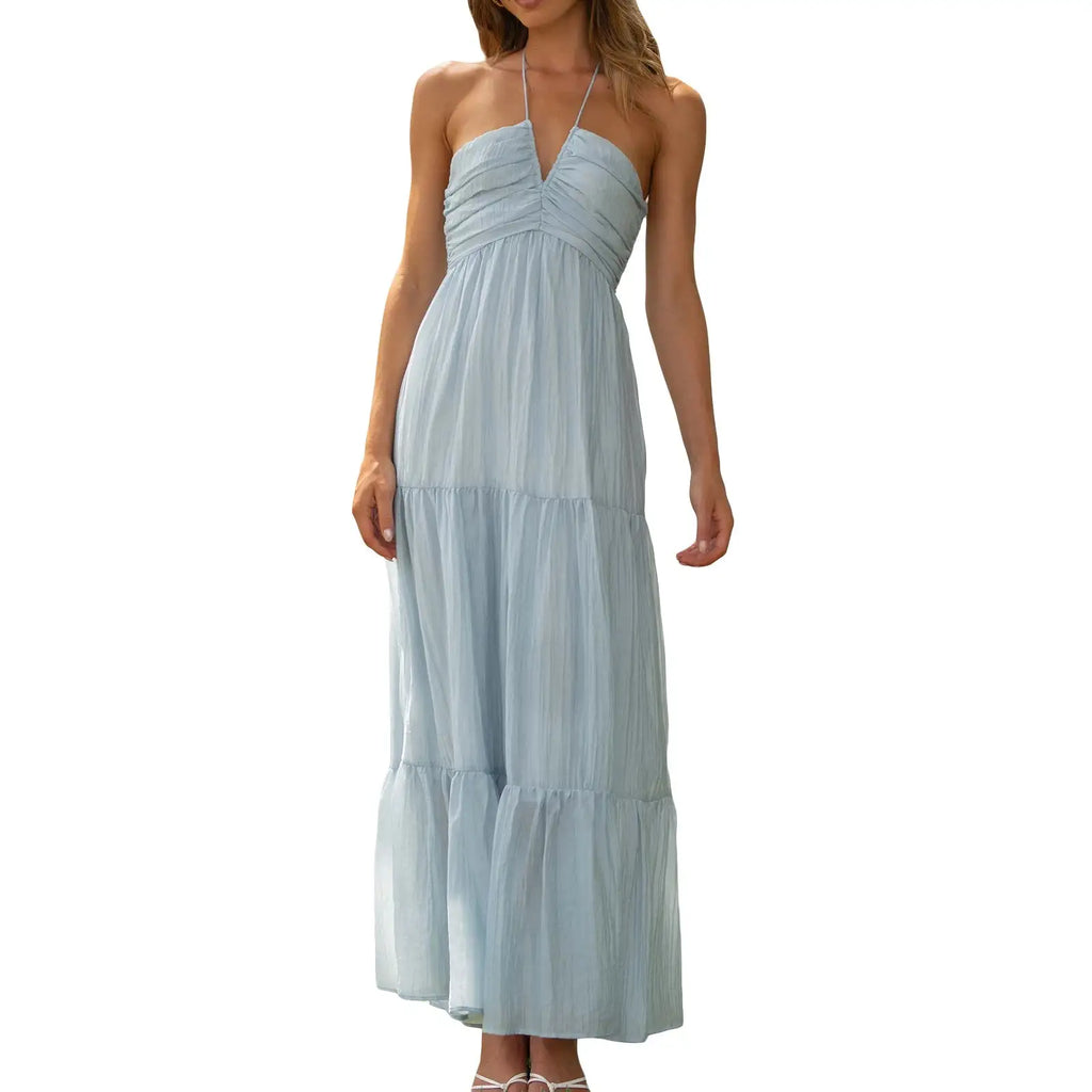 Women Low Cut Backless Maxi Dresses Elegant Spaghetti Strap Tiered Long Dress Relax Fit Open Back Cutout Flowy Sundress