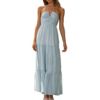 Women Low Cut Backless Maxi Dresses Elegant Spaghetti Strap Tiered Long Dress Relax Fit Open Back Cutout Flowy Sundress