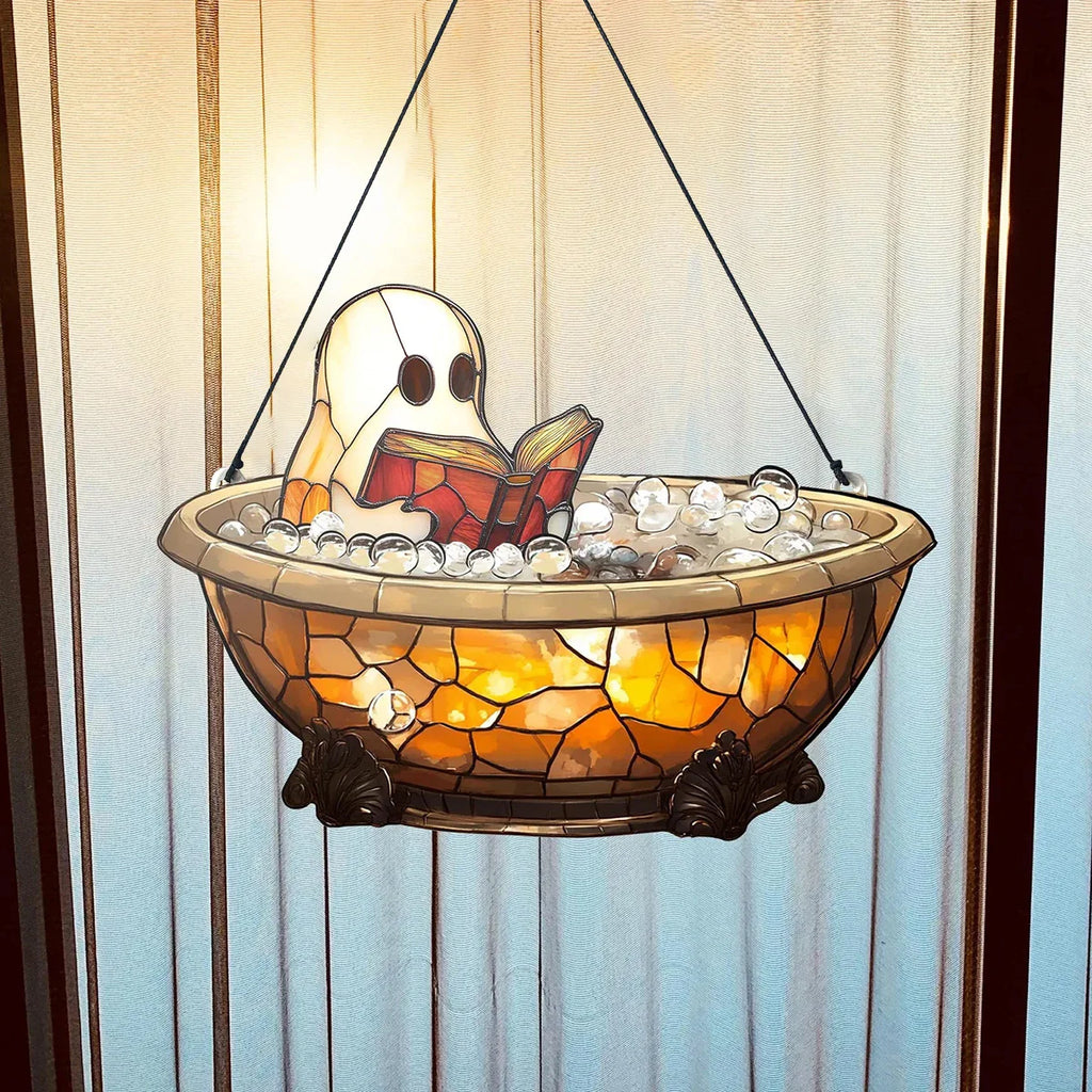 Acrylic Halloween Ghost in Bathtub Hanging Ornaments Cute Ghost Reading Book Decor Home Bedroom Living Room Window Decorations Lootquake LLC
