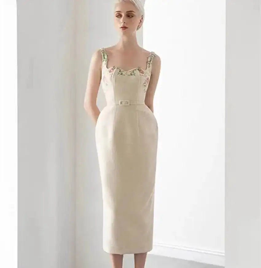 Runway Autumu Spaghetti Strap Bodycon Long Dress Sexy Women's Square Collar Embroidery Flower Sleeveless Tank Party Belt Dresses