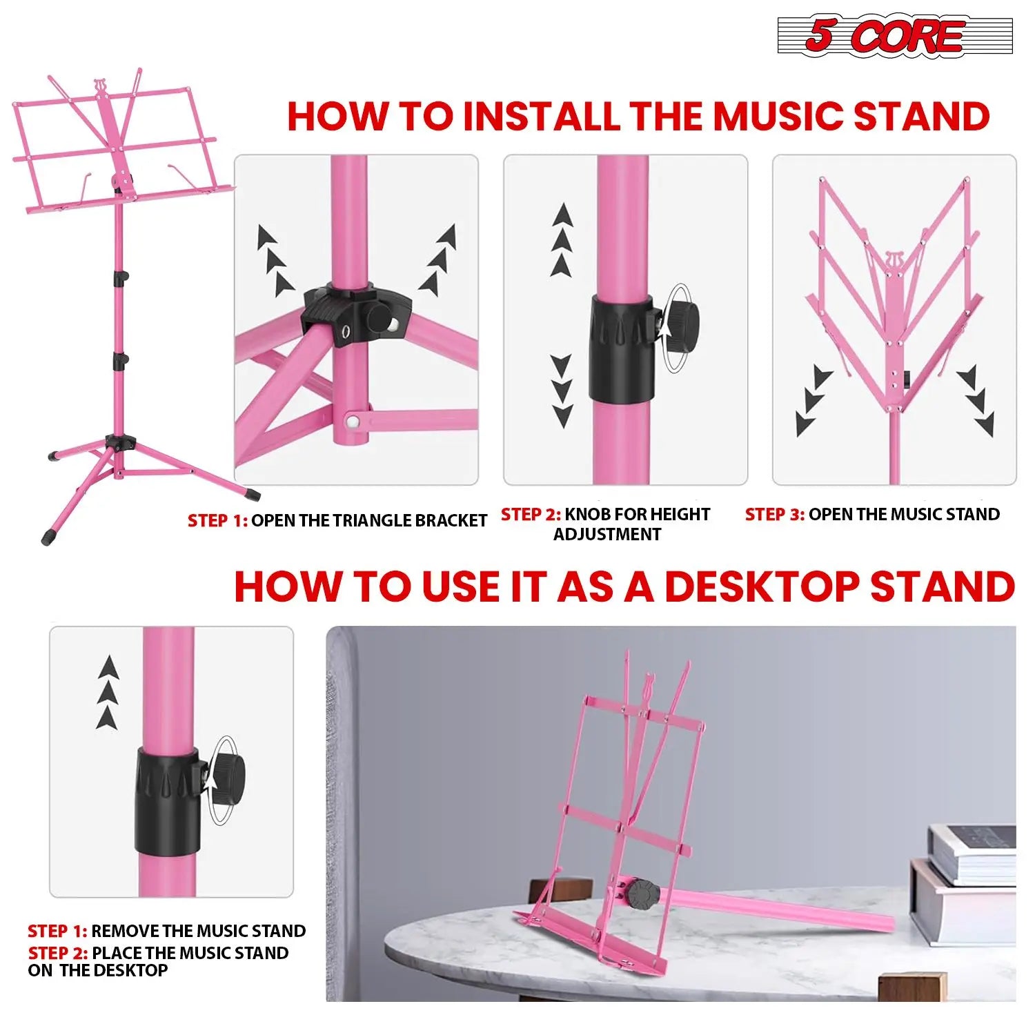 Adjustable All Metal Foldable Bookstand Portable Sheet Music Holder Pink Desktop Book Stands for Musical Instruments-MUS FLD PNK Lootquake LLC