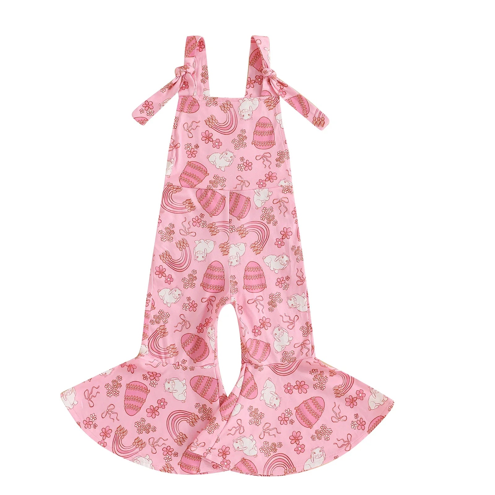 FOCUSNORM 0-4Y Lovely Little Girls Easter Rompers Pants 3 Style Sleeveless Floral Rabbit Print Jumpsuit Suspender Pants