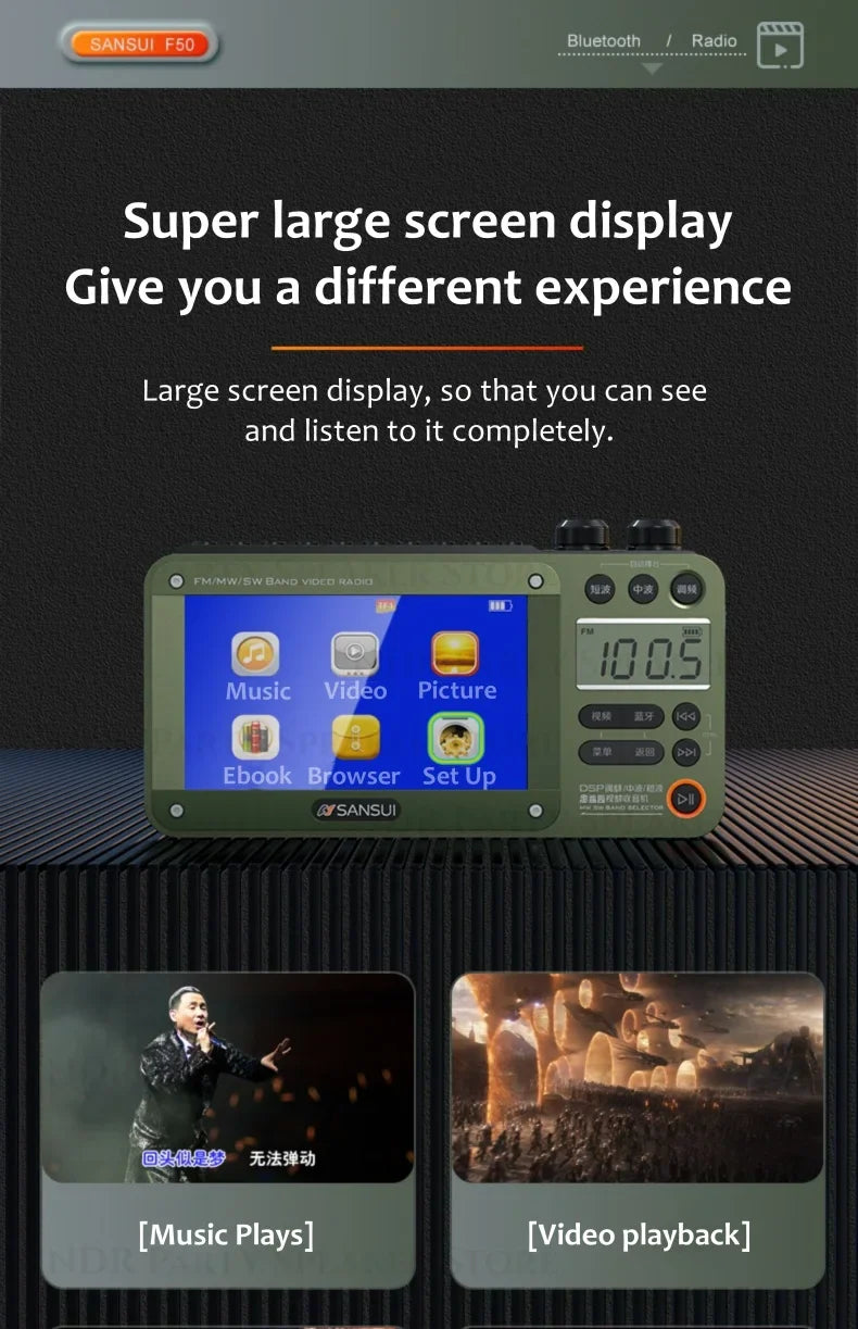 SANSUI Wireless Bluetooth Speakers Home Full-band Radio LED HD Video Player Portable MP4 Walkman Built-in Rechargeable Battery Lootquake LLC