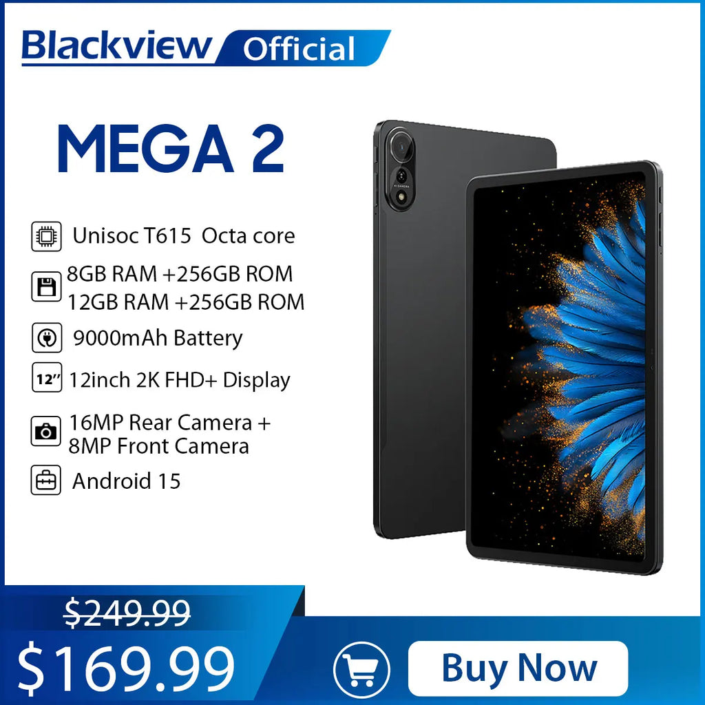 Blackview MEGA 2 Tablet PC 12'' 2K FHD+ Display Unisoc T615 12GB+12GB RAM 256GB ROM 9000mAh Battery 16MP Android 15 4G Tablets Lootquake LLC