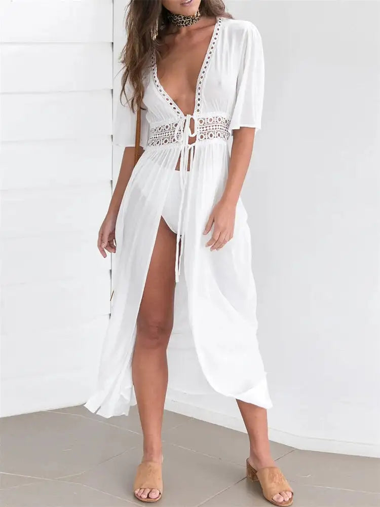 2024 Summer Bikini Cover-ups Women Bohemian Beach Long Dress Short Sleeve Lace Hollow Out Cardigan Swimwear Cover Ups Beachwear Lootquake LLC