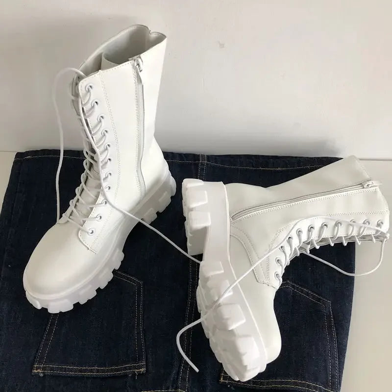 Women's Comfortable Solid Color Platform Boots, Fashion Lace Up Side Zipper Boots with Comfortable Design Lootquake LLC
