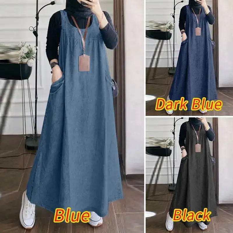 Summer Muslim Long Dress Abaya ZANZEA Women Vintage Sleeveless Denim Blue Maxi Vestidos Dubai Robe Casual Loose Ramadan Sundress