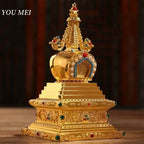 Buddha Statue Pagoda,Engraving Inlaid Gem Tibetan Alloy Double-Layer Tower,Altars Stupa,Buddhist Item Religious Decorative Lootquake LLC