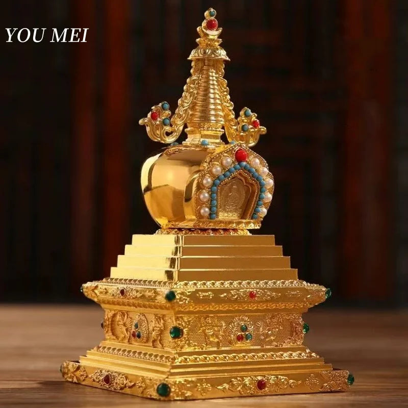 Buddha Statue Pagoda,Engraving Inlaid Gem Tibetan Alloy Double-Layer Tower,Altars Stupa,Buddhist Item Religious Decorative Lootquake LLC