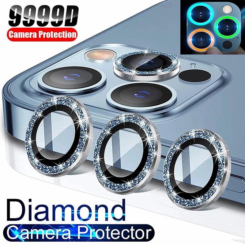 9H Tempered Glass Camera Cover Screen Protector Metal Individual Ring For iPhone Phone Glitter Camera Lens Protector Film For iPhone 14 13 12 11 Pro Max Luminous Lens Metal Glass Protective Cover Stevvex