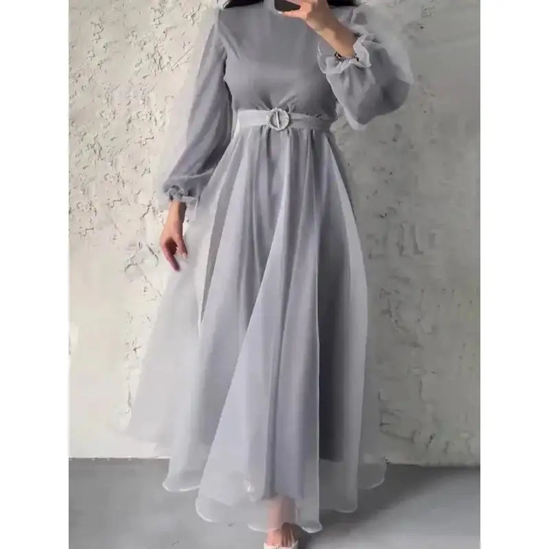 Spring Elegant Mesh Dress Muslim Women Fashion Solid High Waist Mesh Lantern Sleeves Long Dress Women