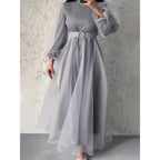 Spring Elegant Mesh Dress Muslim Women Fashion Solid High Waist Mesh Lantern Sleeves Long Dress Women
