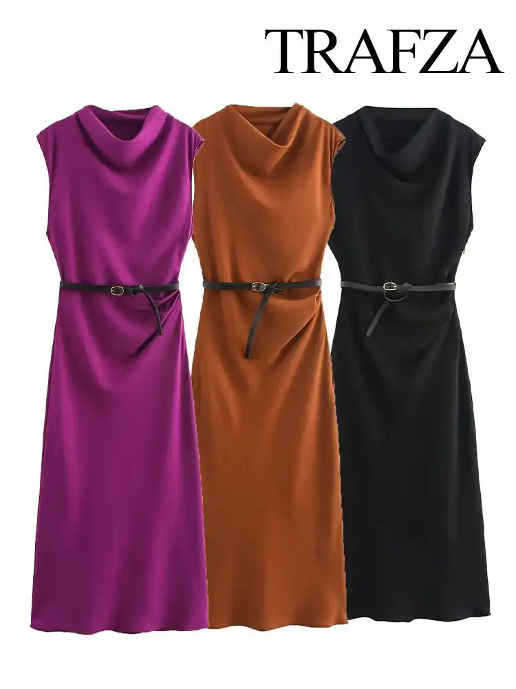 TRAFZA Women's Autumn New Fashion Versatile Belted Midi Slim Long Dress Female Elegant High Street Sleeveless Casual Dress Mujer