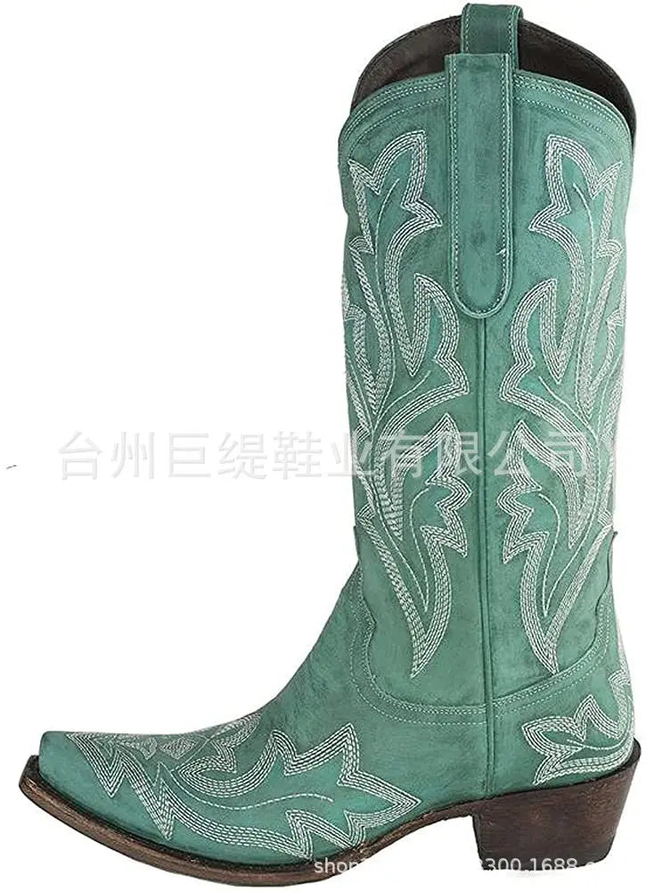 Embroidery Cowboy Boots For Women Knee High Med Calf Vintage Western Cowgirl Boots Women Heeled Casual Shoes Autumn Block Heel Lootquake LLC