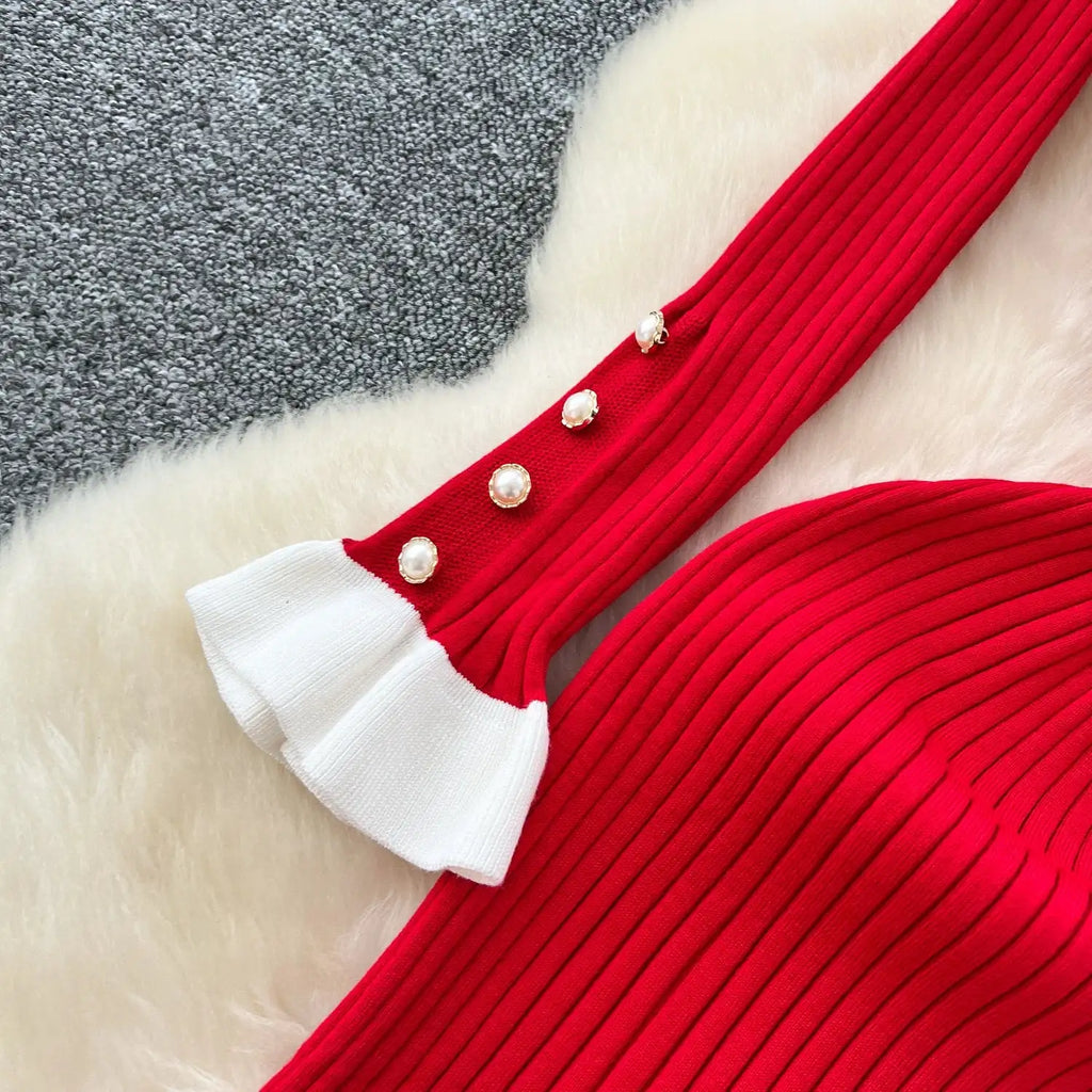 SINGREINY 2024 Hotsweet Slim Autumn Dress Women Peter pan Collar Long Sleeves Patchwork Preppy Style Mermaid Sweater Long Dress