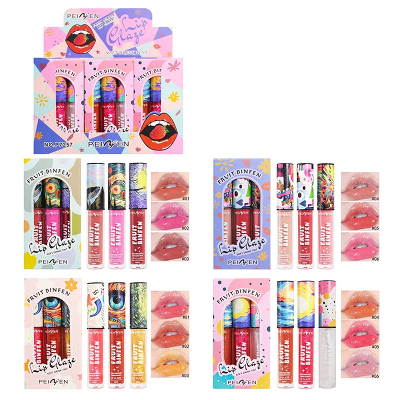 3pcs Oil Painting Lip Gloss Set,Mirror Water Glow Moisturizing Brighten Lipstick,Hydrating Nourishing Fruit Flavor Lip Care Balm