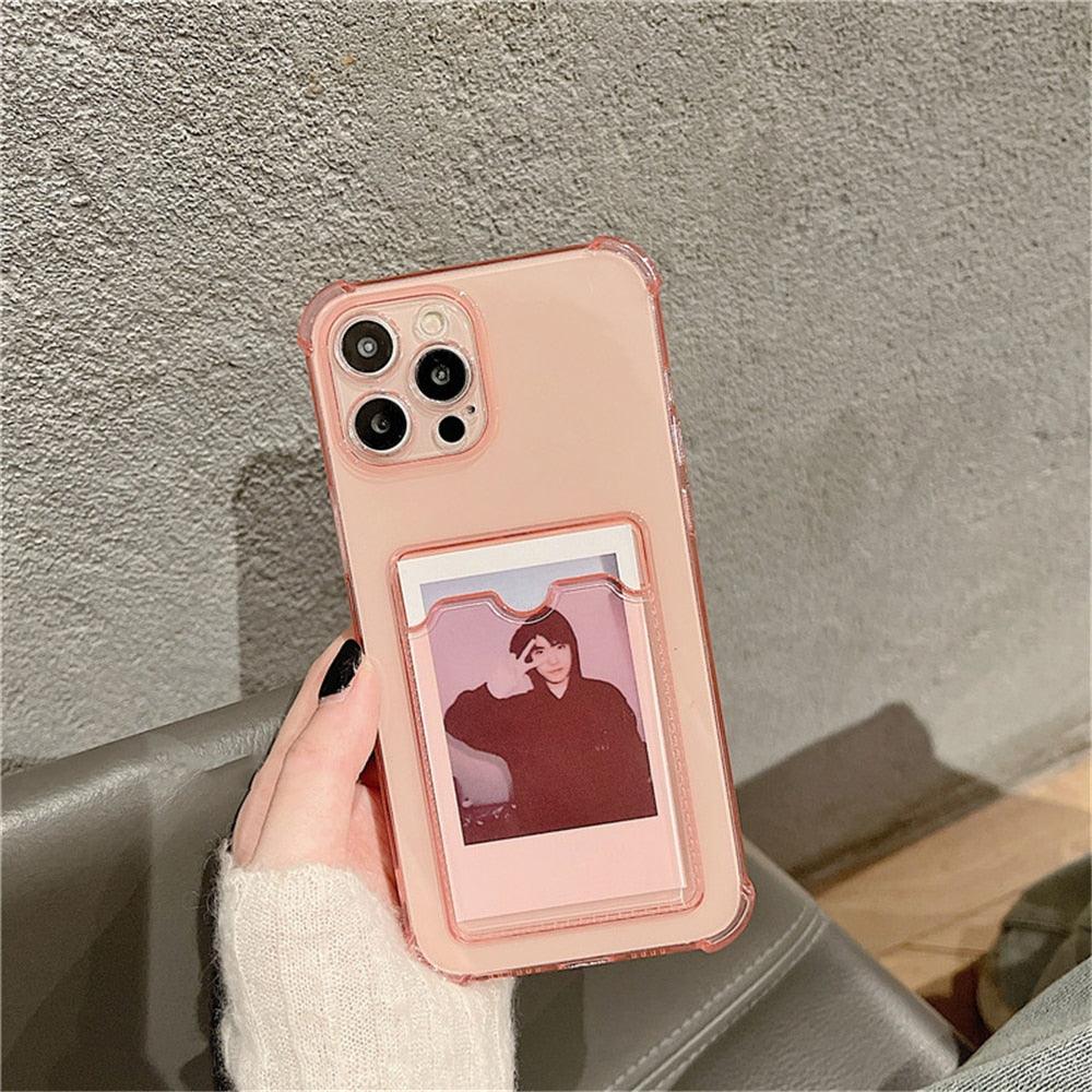 Transparent Card Slot Holder Case for iPhone 13 11 12 14 Pro Max Mini Clear Shockproof Soft Wallet Cover Clear Phone Case with Card Holder Slim Protective Soft Shock Absorbing Case with Card Holder Stevvex