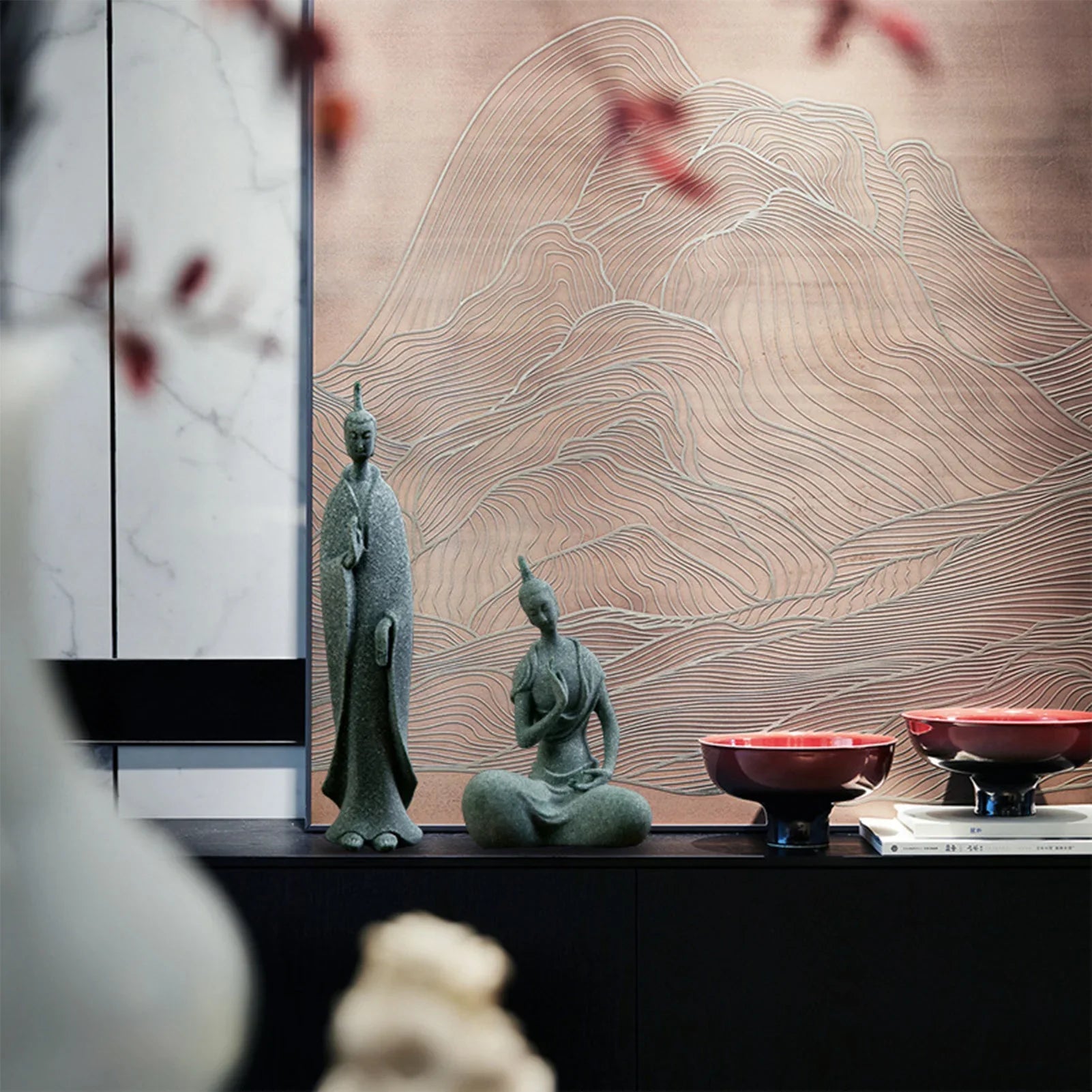 Meditating Buddha Statue Sculpture Natural Stone  Room Ornament Suitable for Office Wine Cooler Decor