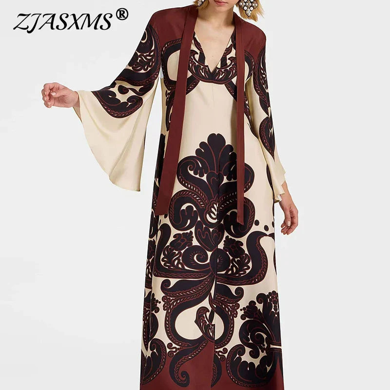 Ethnic Vintage Pattern Print Muslim Women Dresses Spring V Neck Lace-up Loose Long Dress Autumn 3/4 Flare Sleeve Boho Maxi Dress Lootquake LLC