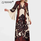 Ethnic Vintage Pattern Print Muslim Women Dresses Spring V Neck Lace-up Loose Long Dress Autumn 3/4 Flare Sleeve Boho Maxi Dress Lootquake LLC