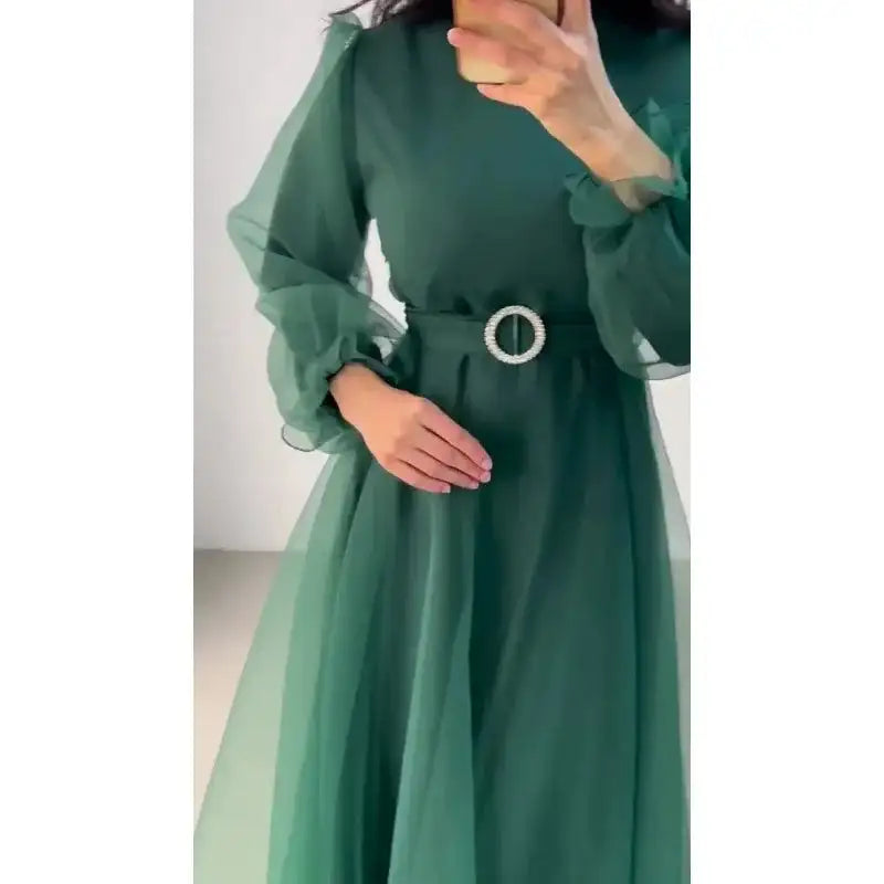 Spring Elegant Mesh Dress Muslim Women Fashion Solid High Waist Mesh Lantern Sleeves Long Dress Women