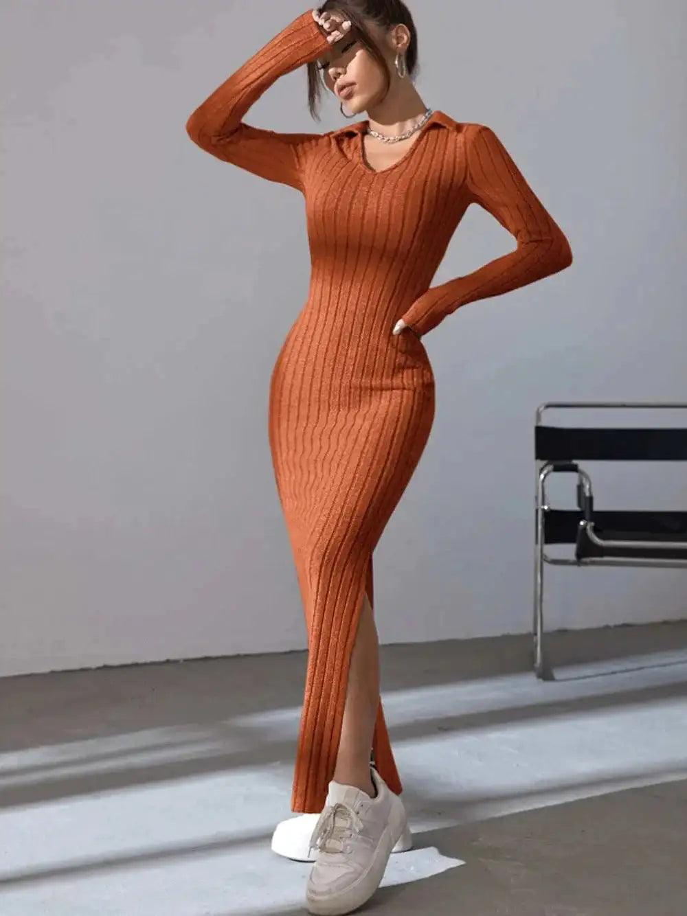 2024 Spring/Summer Knitted Dress Slim Fit Fashion Casual Women's Lapel Long sleeved Dress Concave Stripe Solid Color Long Dress
