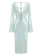BEVENCCEL Sexy Luxury Sequins Deep V Long Sleeve Backless Sequins Long Dress Elegant  Bodycon Maxi Evening Party Clubwear Dress