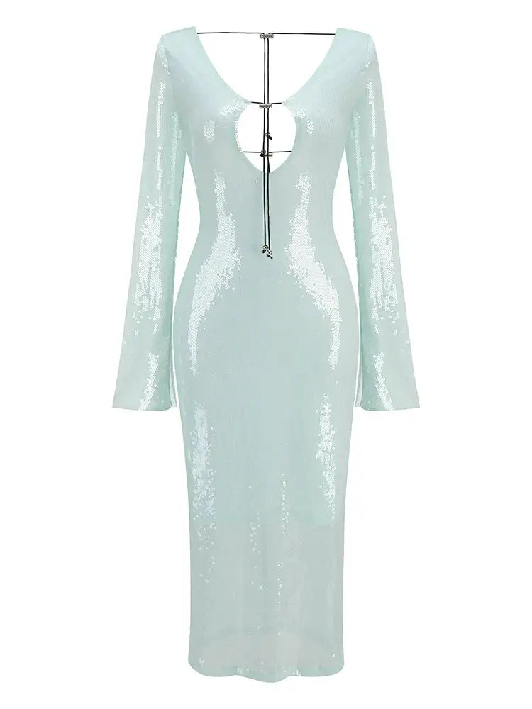 BEVENCCEL Sexy Luxury Sequins Deep V Long Sleeve Backless Sequins Long Dress Elegant  Bodycon Maxi Evening Party Clubwear Dress