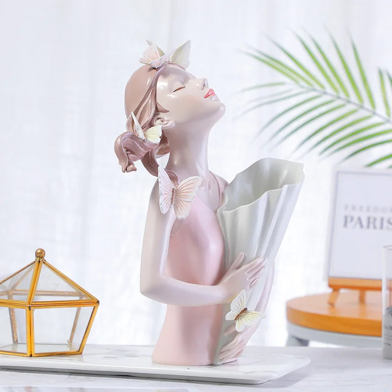 New Butterfly Girl Sculpture Vase Bust Model Art Modern Storage Statues Home Living Room Desktop Decor Character Figurine