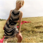 Striped Knitted Long Dress Women O-neck Backless Hollowed Out Long Sleeves Lady Bodycon Dress 2024 Spring Summer Vacation Robe